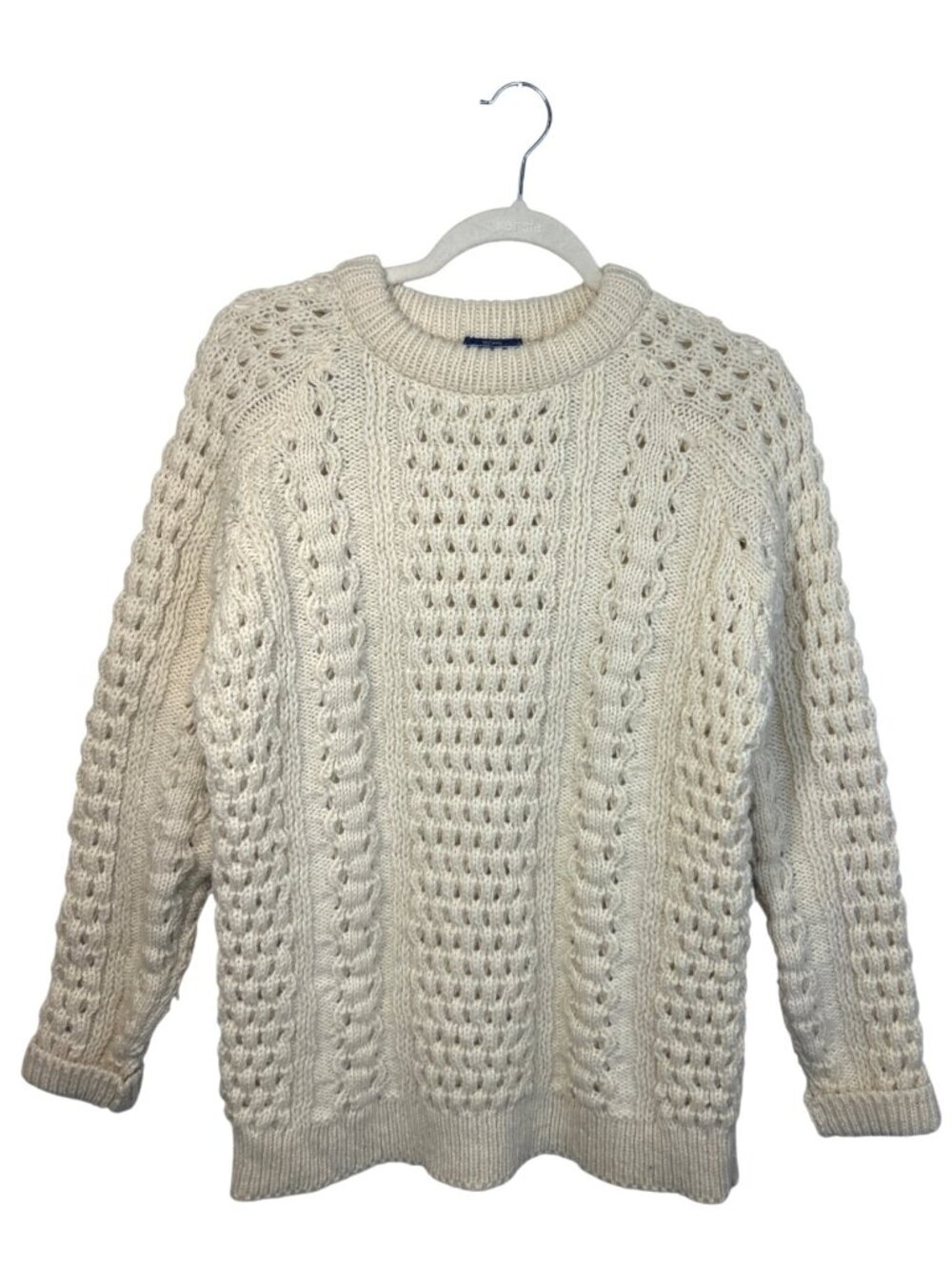 Vtg Lands’ End Irish Aran Cable Knit Fisherman Sweater Women’s L 100% Wool Cream - Picture 11 of 11